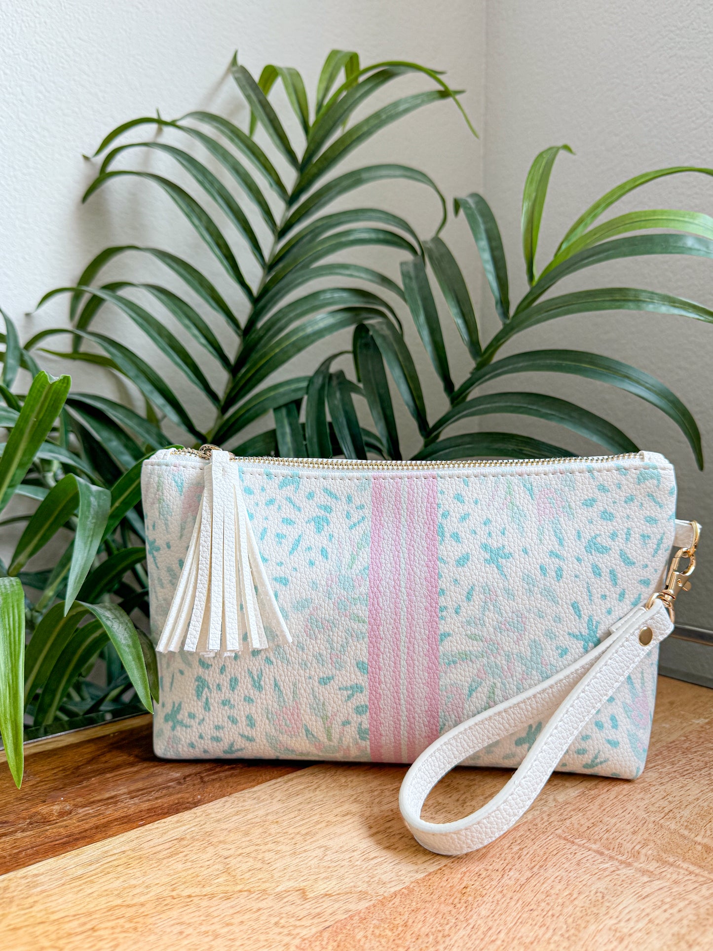 Makeup Bag Clutch Flying -  Floral Mint with Pink Scallop Stripe