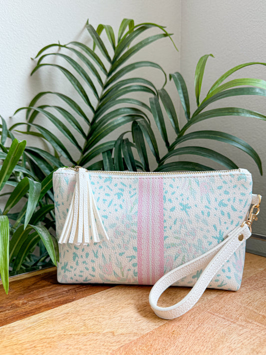 Makeup Bag Clutch Flying -  Floral Mint with Pink Scallop Stripe